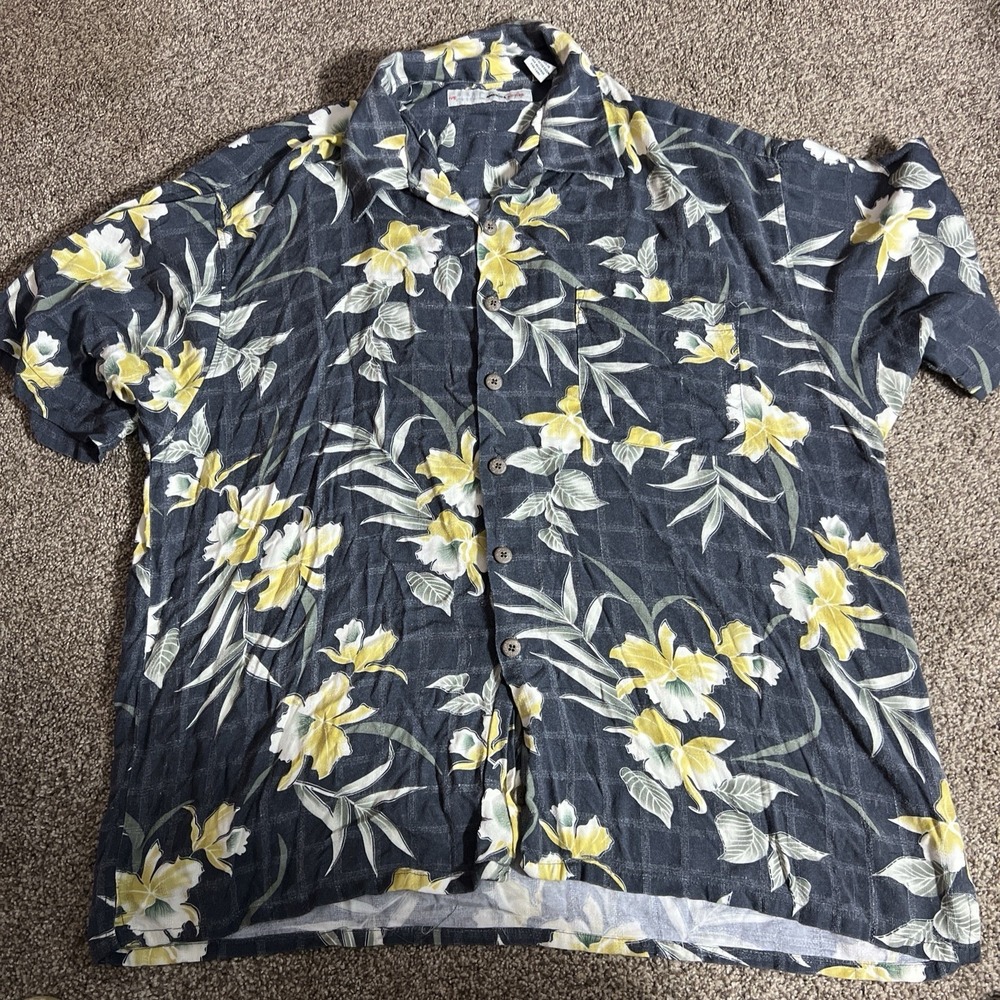 Perry Ellis Active Hawaiian Shirt XL Black Yellow Floral Rayon Button Front